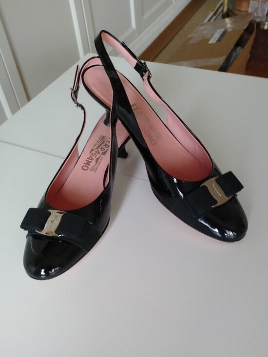 Salvatore Ferragamo Shoes - Ferragamo Bow Slingback Kitten Heels, Black Patent 8 1/2 B